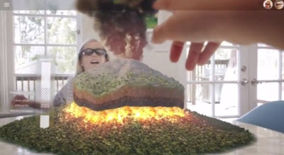 Atheer shows a virtual volcano that you can see with its augmented reality 3D glasses.