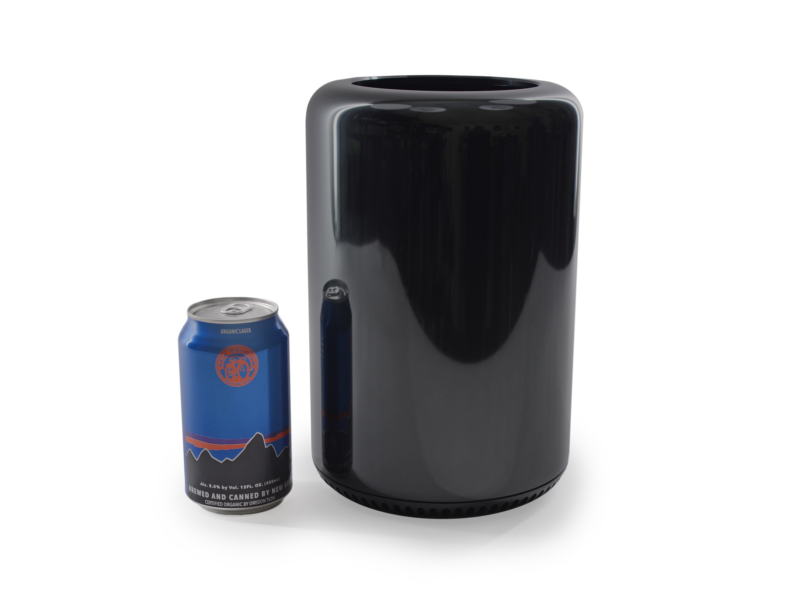 The new Mac Pro next to an aluminum beverage can