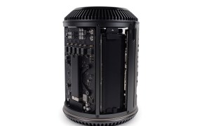 A first peek inside the Mac Pro. You can see the dual graphics cards and the SSD cage.