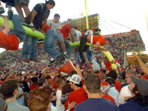 Fans storming the goal post.