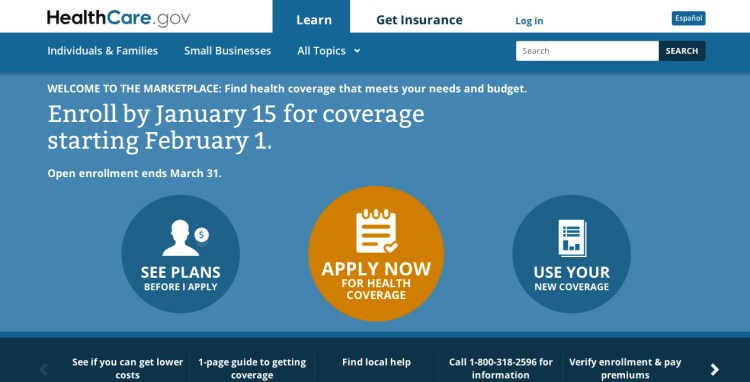 A screenshot of the HealthCare.gov website.