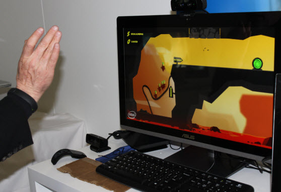 Intel's RealSense 3D camera lets you play gesture games like Hoplite.