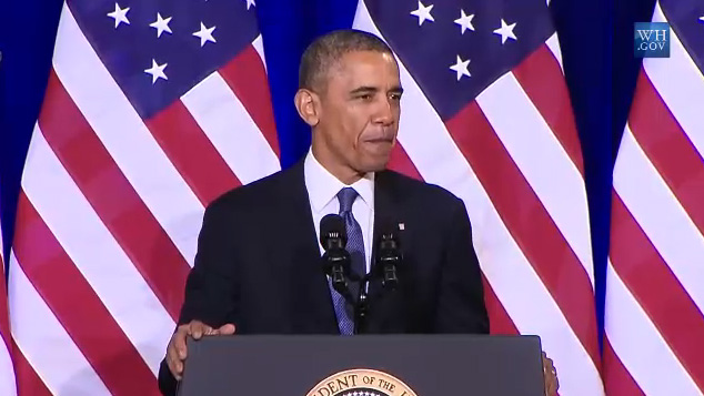 Obama begins his remarks on U.S. government surveillance on Jan. 17, 2014.