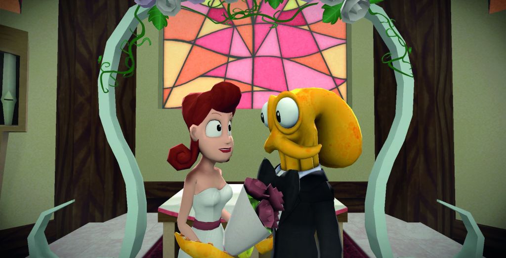 Octodad has to put the ring on his wife's finger.