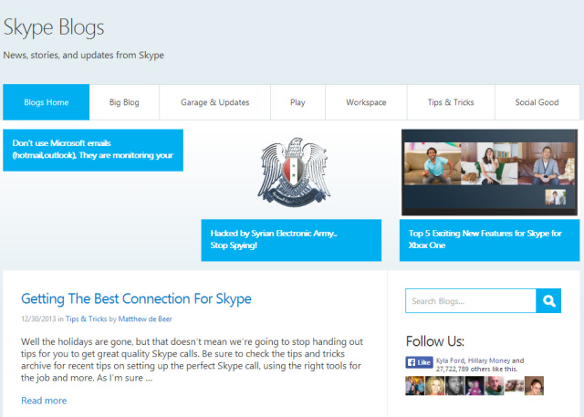 An image of the hacked Skype blog.