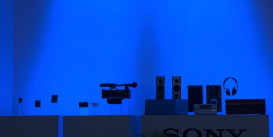 A table showcasing Sony's new products just prior to its press event at CES 2014.