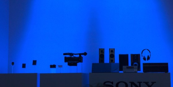 A table showcasing Sony's new products just prior to its press event at CES 2014.