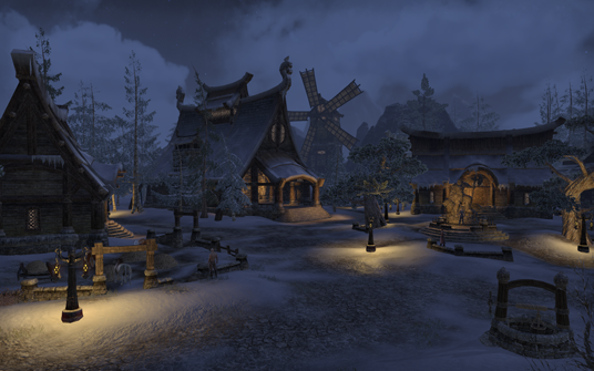 The town center of Bleakrock Isle, a snowy island in The Elder Scrolls.