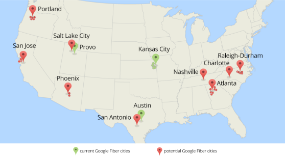 A map showing each region Google Fiber would like to expand service to. 