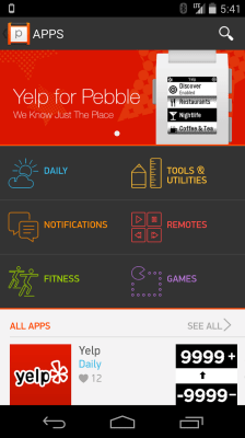 A first look at the Yelp app for Pebble in the Pebble appstore on Android.