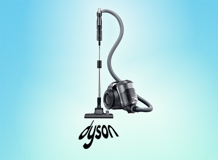 Samsung's "Motion Sync" vacuum cleaner is pictured sucking up Dyson's logo.