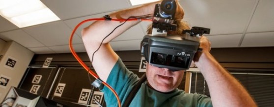 Valve's Michael Abrash showing off his prototype virtual-reality headset.