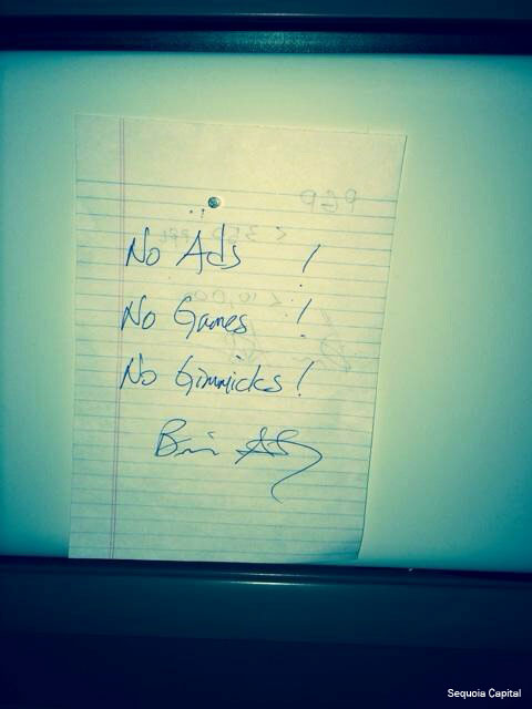 The note above from WhatsApp cofounder Brian Acton sits on fellow cofounder Jan Koum’s desk as a constant reminder of their mantra.