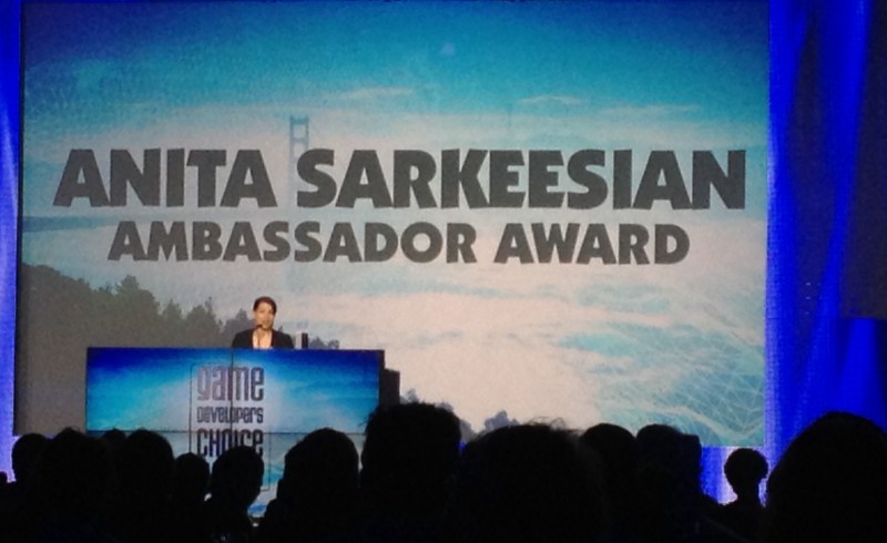Anita Sarkeesian accepts the Ambassador Award at the 2014 GDCAs