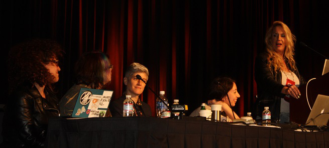 Brenda Romero delivers her opening remarks at the #1ReasonToBe panel at the Game Developers Conference 2014.