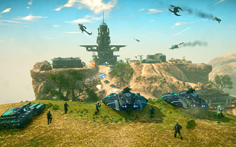 A picture of three tanks and five infantrymen lined up on a hill, overlooking an enemy base in Planetside 2.