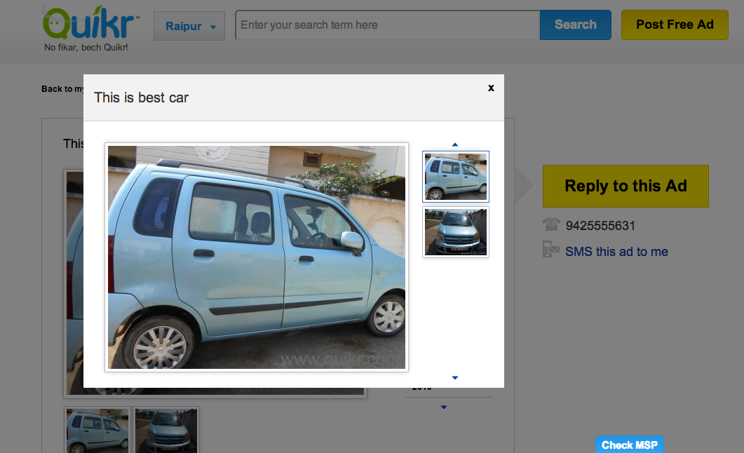 A listing for the "best car" on Quikr.