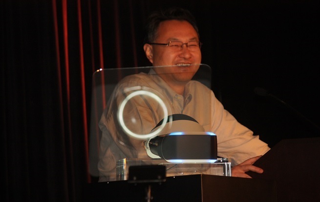 Sony exec Shuhei Yoshida shows off Project Morpheus, the virtual-reality headset for the PlayStation 4.