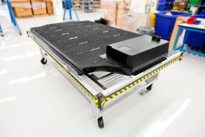 The custom battery pack Tesla uses for its Tesla Model S. Inside are hundreds of lithium cells.