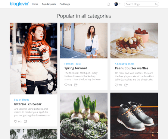 A screenshot of Bloglovin's site in its current form.