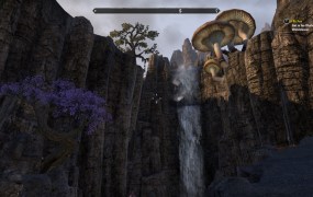 A waterfall, with three giant mushrooms on the cliff to the right.