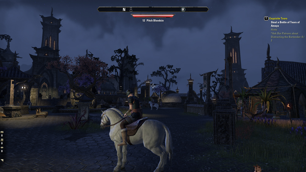 A third person picture of a character sitting on a horse, in a cobblestone courtyard in a city square, at night.