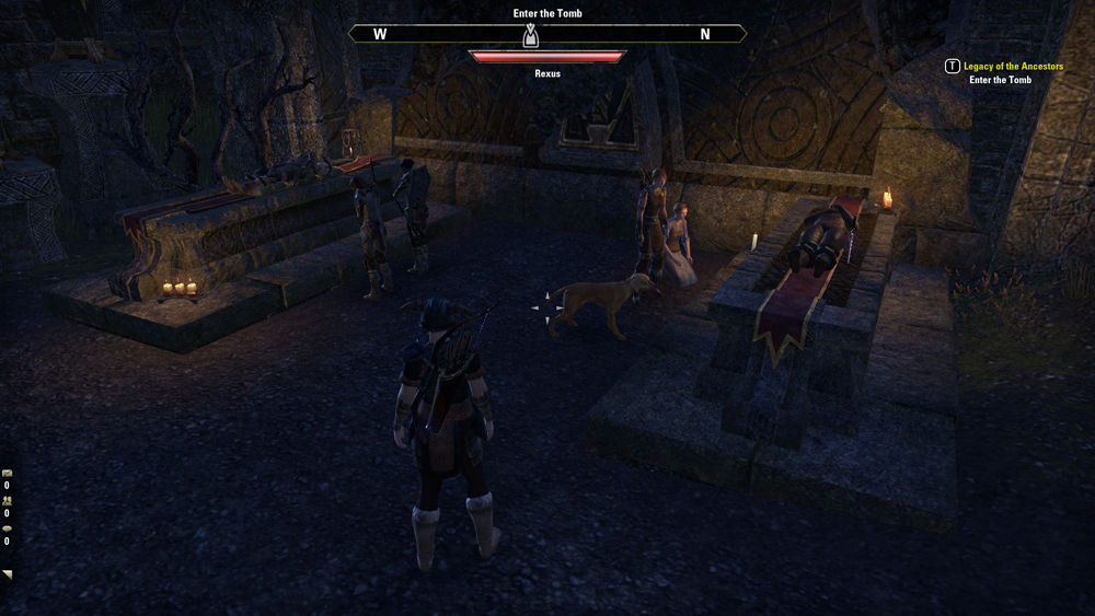 A picture of four non-player characters holding an evening vigil over two bodies laid out on stone slabs.