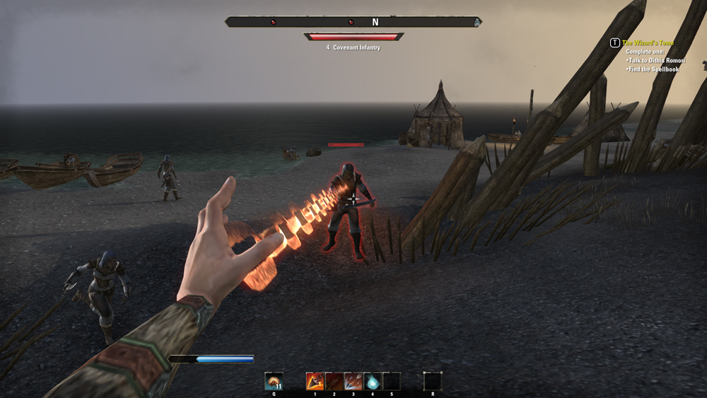 A picture of a firey chain leaping from a player character's hand, and hooking into an enemy.