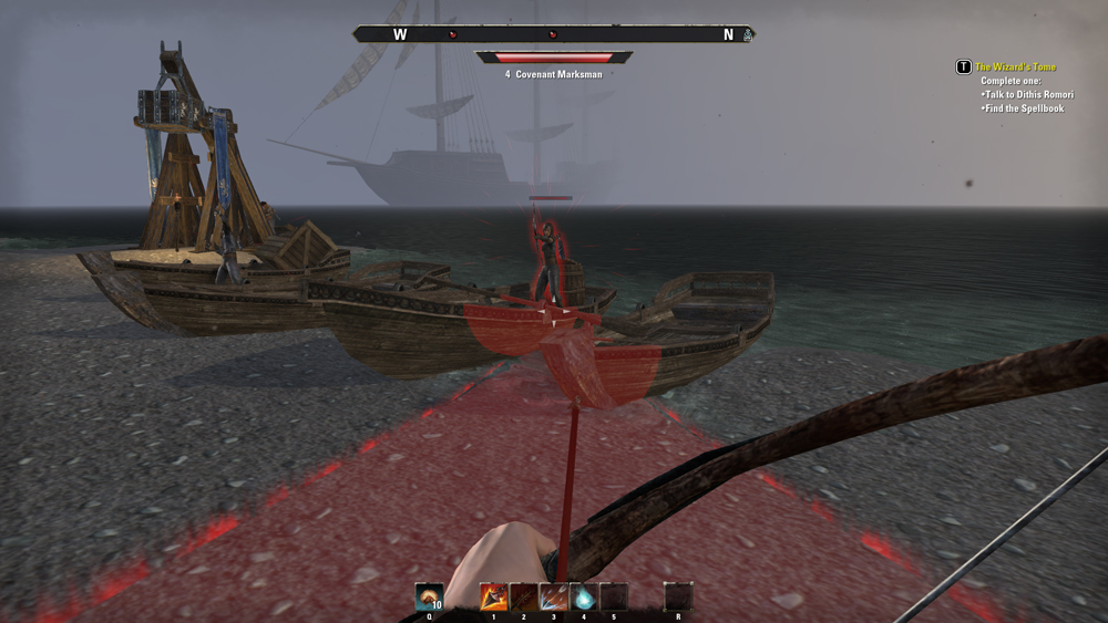 A first person perspective picture of an enemy character aiming a bow at the player, with a red triangle reaching out over the ground from the enemy towards the player.