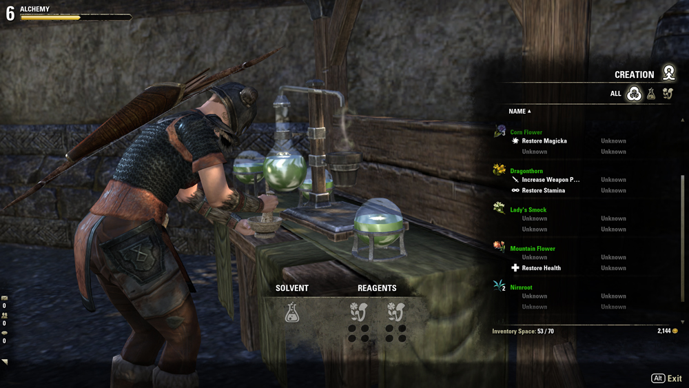 A picture of the alchemy crafting window, which shows a list of potential plants to add to a brew.