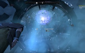 A close-up, first person perspective view of the portal at the end of the Dark Anchor, a vortex with the quest marker "Escape to Tamriel" at the center of the portal.