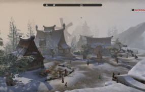 A long shot of three Nord-style houses around a town square.