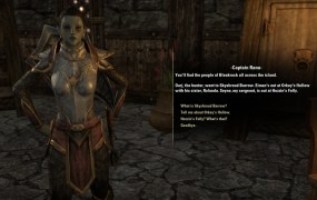 A picture of Captain Rana, a Dark Elf in metal plate armor, with dialogue text and player choice text to her right.