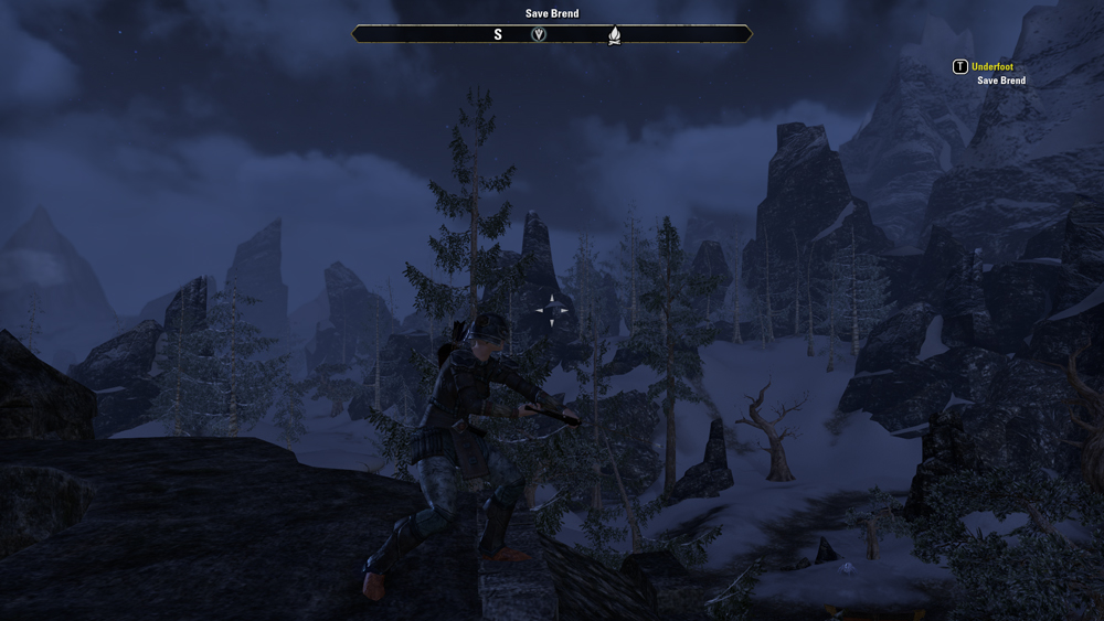 A third-person camera shot of a character in The Elder Scrolls Online, standing on a cliff and overlooking a snow-covered valley.