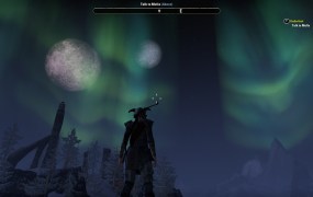 A third person perspective picture of the character looking up at sheets of neon green gas in the sky.