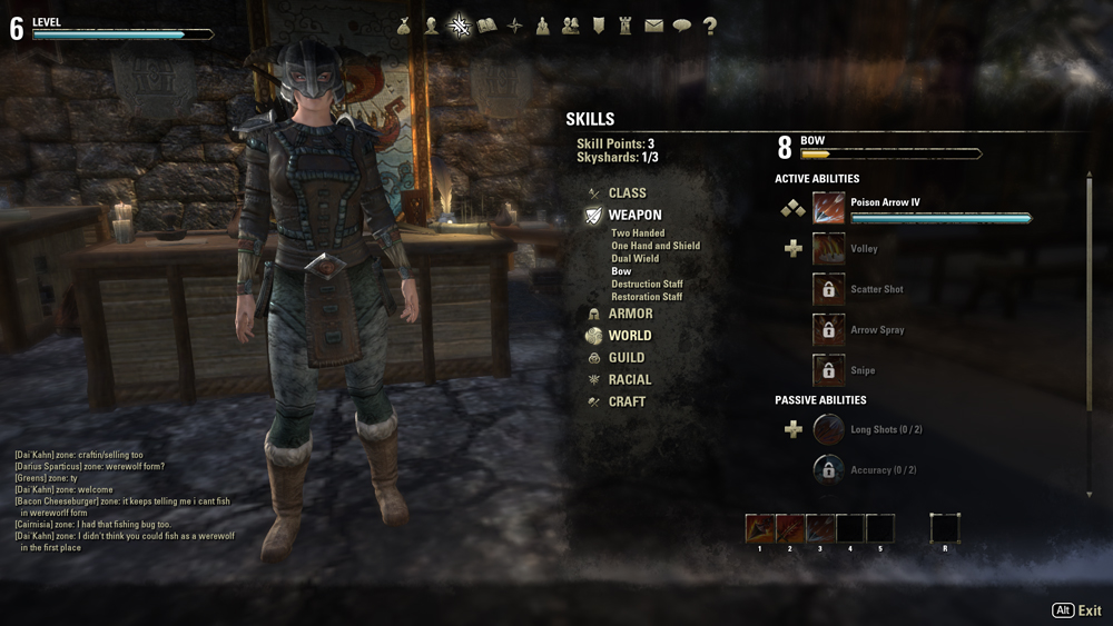 A picture of the skills screen in The Elder Scrolls Online. The character appears on the left side of the screen, and a series of skill charts are on the right.