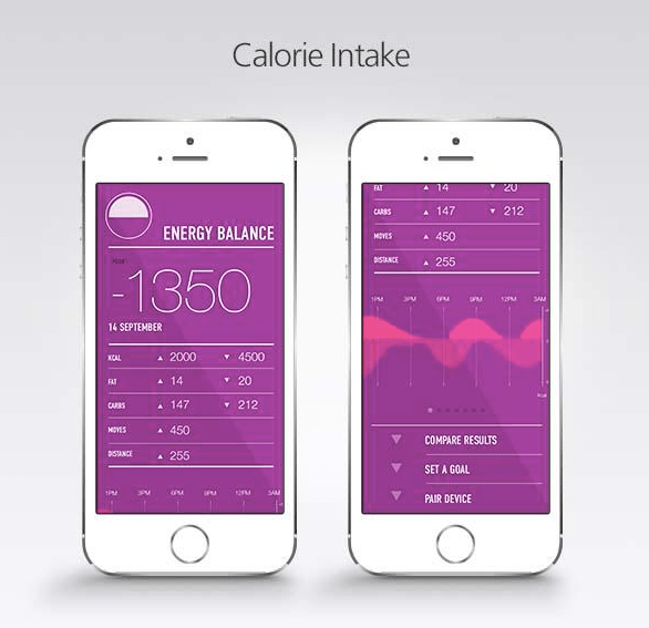 The GoBe wearable device is associated to a mobile app which displays calorie intake measurements.