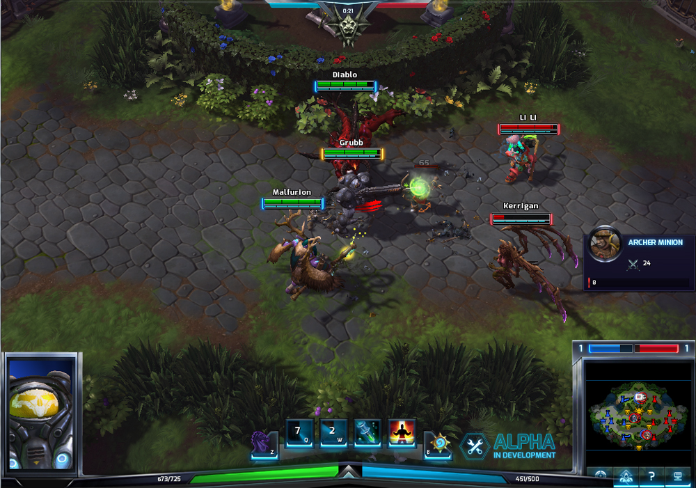 A picture of several characters fighting in Heroes of the Storm, from a top down perspective similar to that of role playing games.