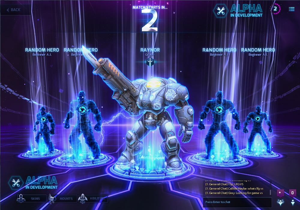 A picture of a team composition screen from Heroes of the Storm. The player's character is shown towards the front of the screen, and icons of the other players are paired off to the right and left, behind the main character's avatar.