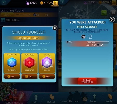 [Left] The UI for purchasing shields.. [Right] Players who lose in Versus are breadcrumbed into the Shield mechanic.