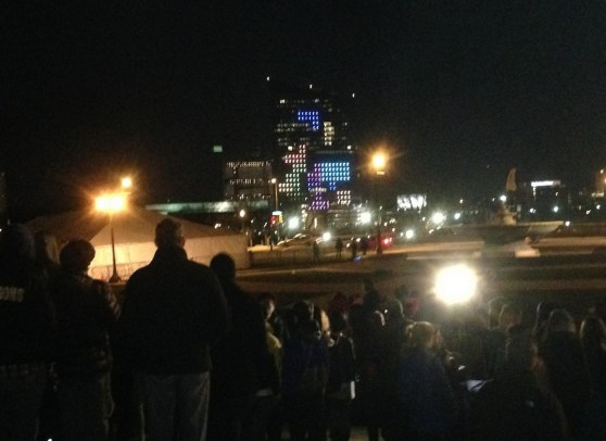 Tetris taking place on a 29-story building.