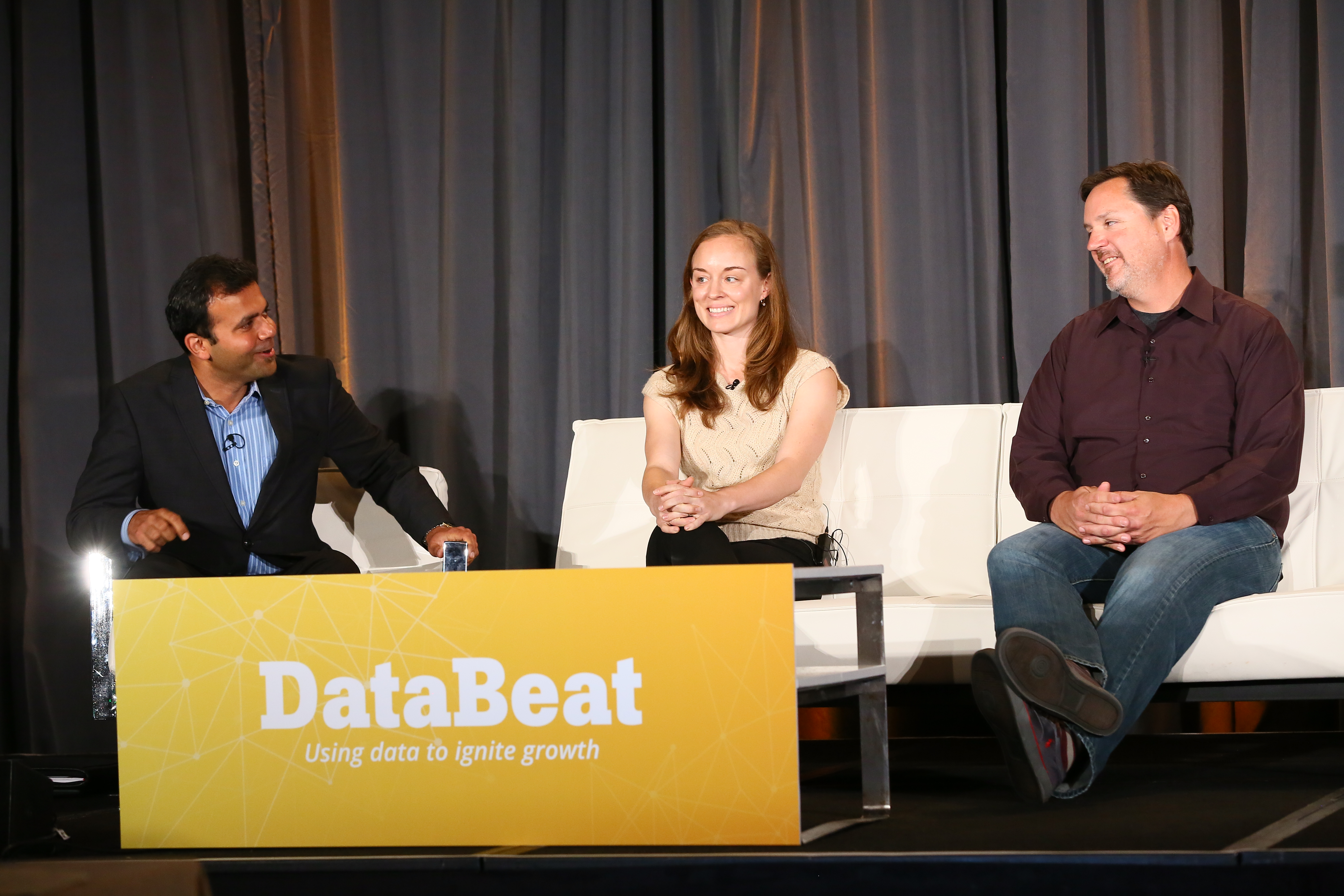 Mindjet data scientist Anna Gordon at VentureBeat's DataBeat conference (center), sitting between Intel Capital managing director Dharmesh Thakker (left) and Looker CEO Frank Bien (right).