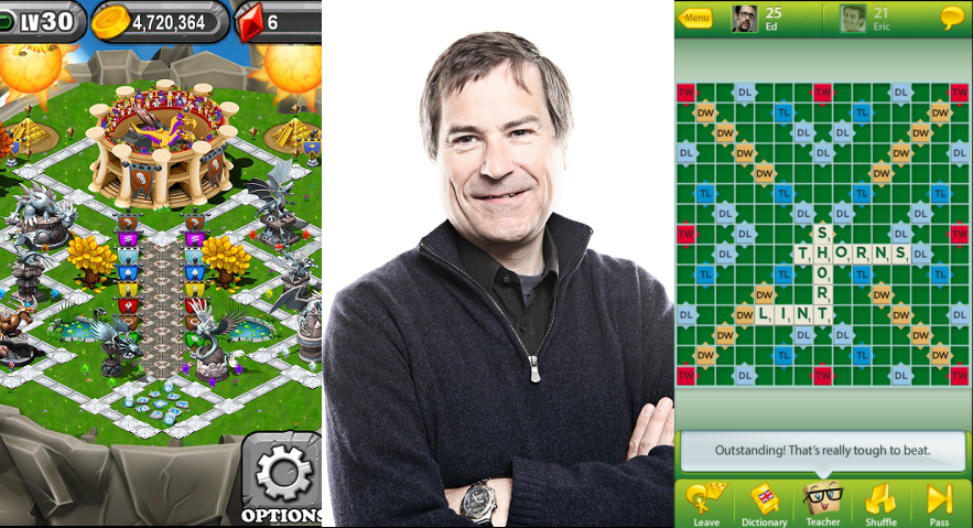 David Braben with his two  mobile addictions, DragonVale and Scrabble.