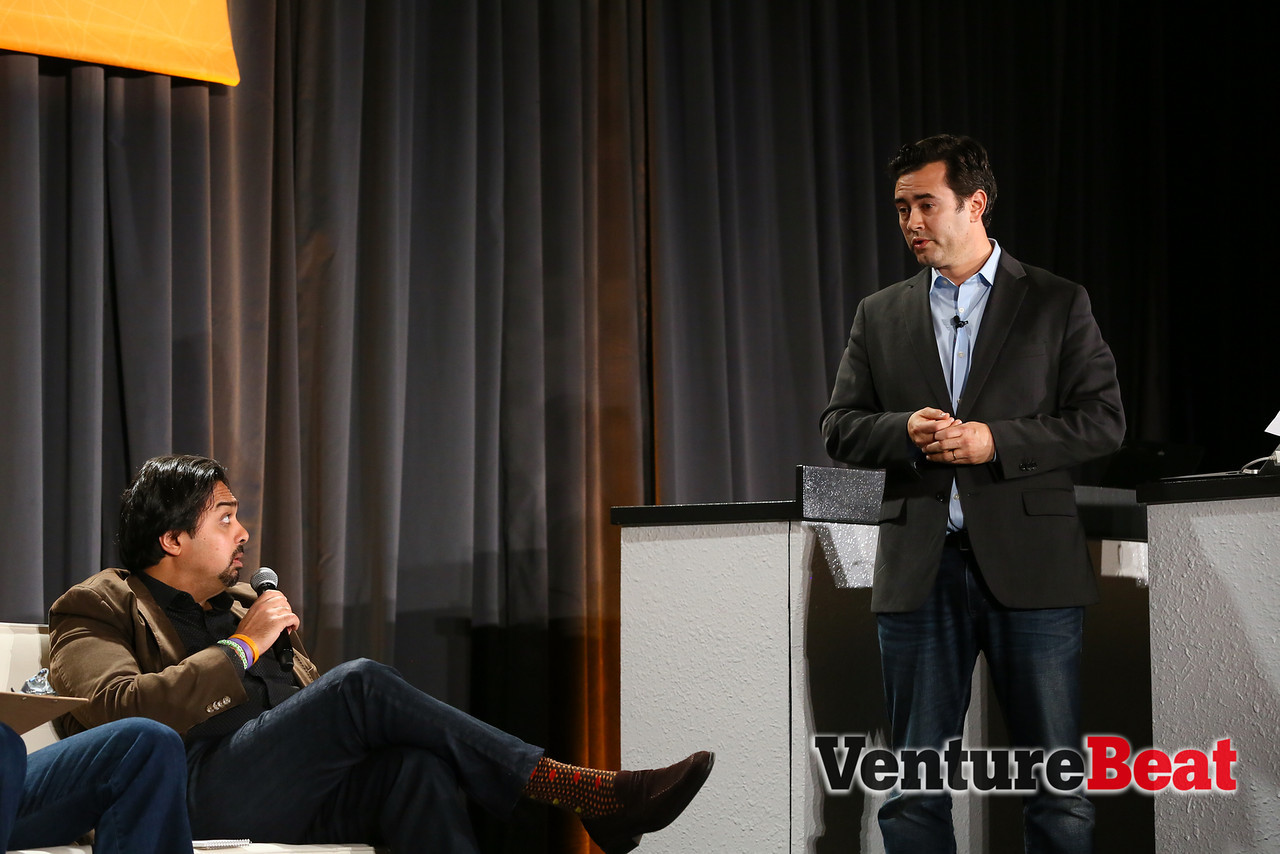 Josh Bloom, right, co-founder and chief technology officer at Wise.io, responds to panelists' questions during the Innovation Showdown at VentureBeat's DataBeat conference on Tuesday.