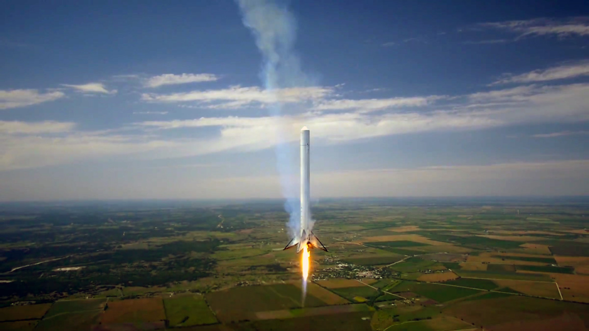 SpaceX's Falcon9R rocket hovers above Texas.