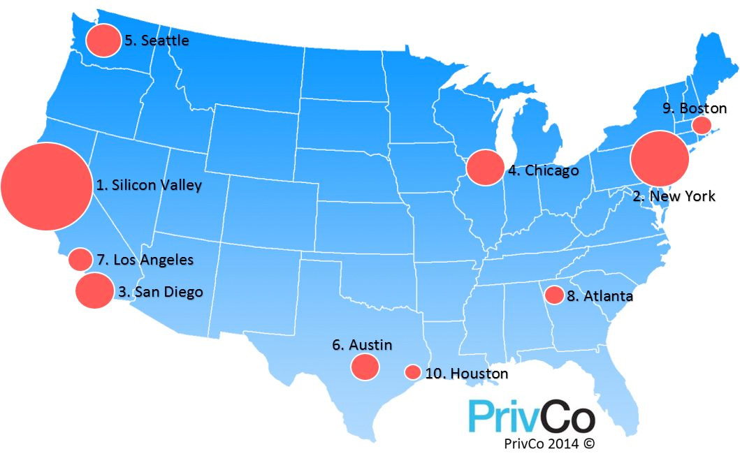 The top 10 U.S. metro areas for tech acquisitions last year, according to PrivCo.