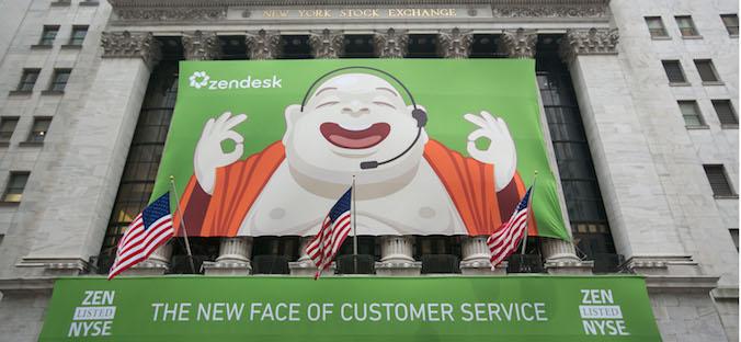 A Zendesk poster adorns the New York Stock Exchange Thursday morning.
