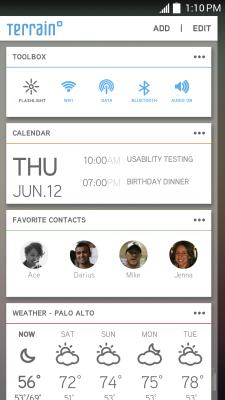 Contacts and calendar cards in Terrain.