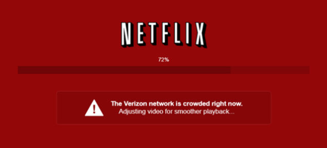 The new in-player notifications Netflix is displaying for Verizon Internet subscribers experiencing streaming quality issues. 