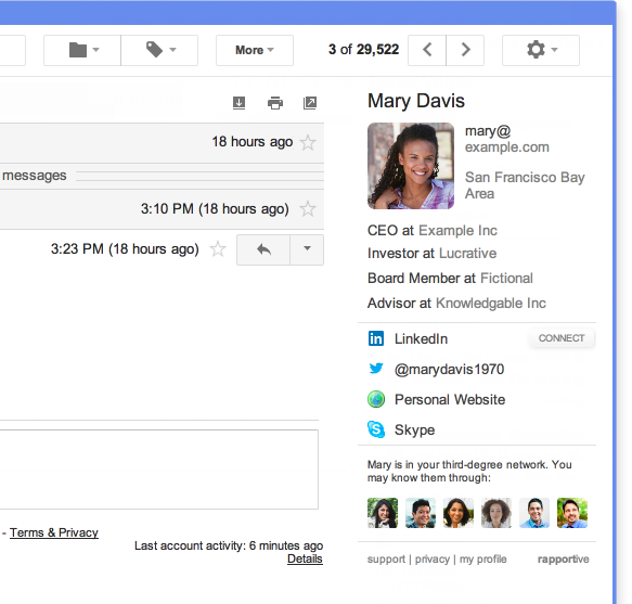 A screenshot of the Rapportive plugin in Gmail.